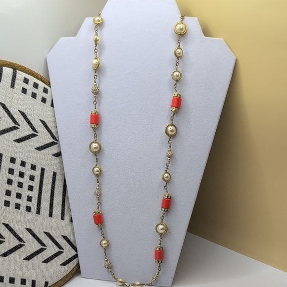 J. Crew Gold and Red Necklace with Beads and Chain - Picture 2 of 6